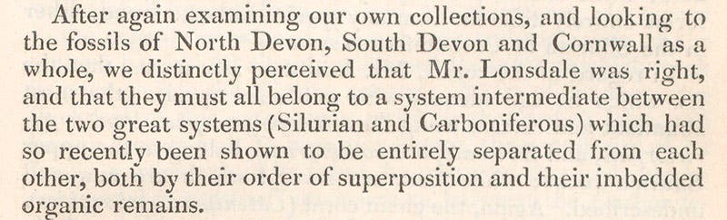 Paragraph giving William Lonsdale credit for conceiving the Devonian system, in Roderick Murchison and Adam Sedgwick, "Classification of the Older Stratified Rocks of Devonshire and Cornwall," Philosophical Magazine, 1839 (Linda Hall Library)