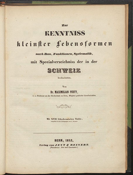 Title page, Zur Kenntniss kleinster Lebensformen, by Maximilian Perty, 1852 (Linda Hall Library)