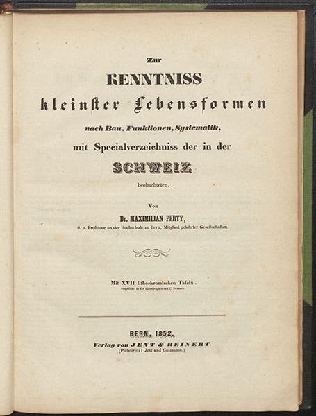 Title page, Zur Kenntniss kleinster Lebensformen, by Maximilian Perty, 1852 (Linda Hall Library)