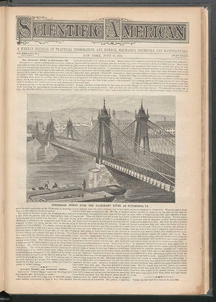 Allegheny suspension bridge, Pittsburgh, designed and built by John A. Roebling, 1857-60, wood engraving, Scientific American, June 18, 1870 (Linda Hall Library)