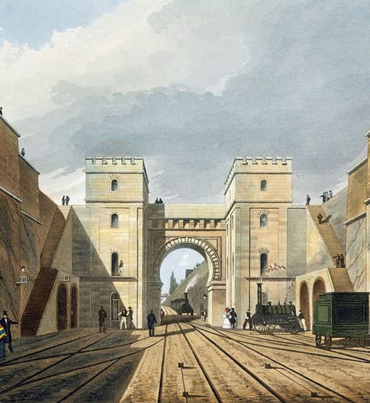 The Moorish Arch at the entrance to the Liverpool and Manchester Railway in Liverpool, aquatint in Coloured Views on the Liverpool and Manchester Railway, by Thomas Talbot Bury, plate 10, 1831 edition (Wikimedia commons)
