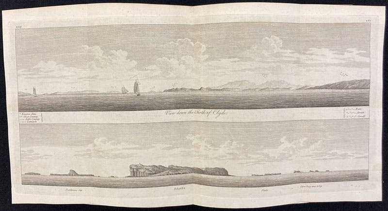 Two views, The Firth of Clyde, and Staffa, folding double-page engraving in A Tour in Scotland, and Voyage to the Hebrides; MDCCLXXII, by Thomas Pennant, vol. 1, pl. 26, p. 260, 1774 (Linda Hall Library)