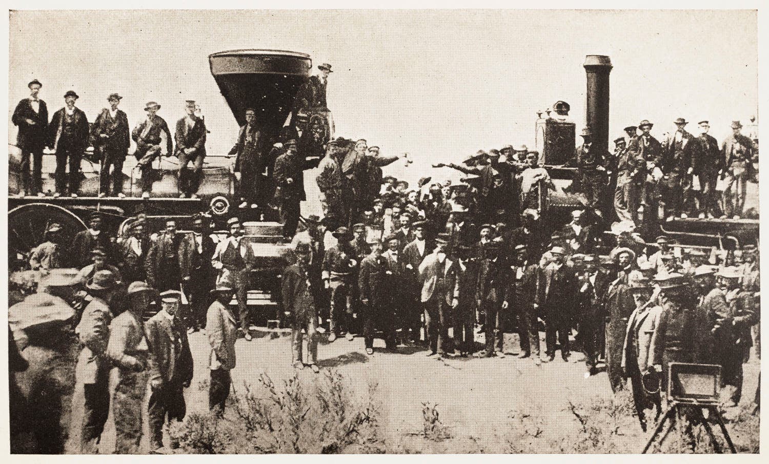 The Central Pacific's engine Jupiter and the Union Pacific's engine No. 119 meet on May 10, 1869, at Promontory Summit, Utah.