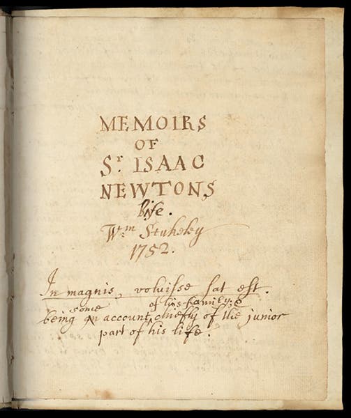 Title page, Memoirs of Sir Isaac Newton’s Life, by William Stukeley, manuscript, 1752, Royal Society of London archives (royalsociety.org)