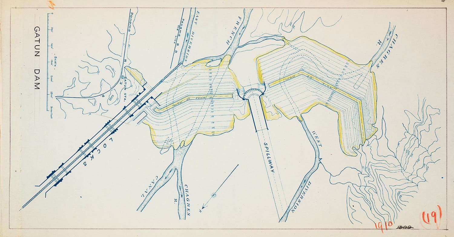 Map of Gatun locks, dam, and spillway. View in Digital Collection »