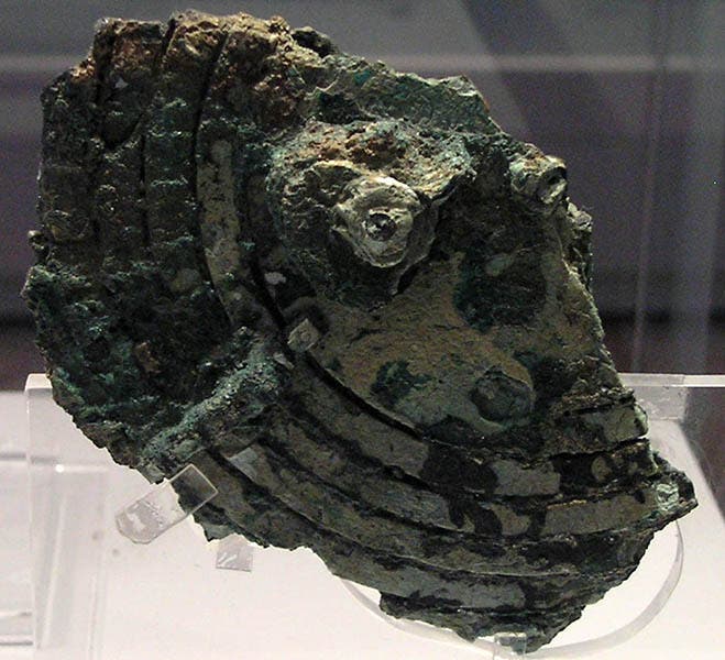 Fragment B of the Antikythera Mechanism, showing part of the Metonic Cycle spiral, National Archaeological Museum of Athens (Wikimedia commons)