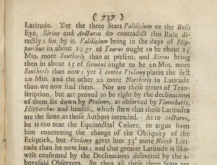 Part of the second page of Edmond Halley’s three-page paper on proper motion, discussing the changes in latitude of Palilicium (Aldebaran), Sirius, and Arcturus, Philosophical Transactions of the Royal Society of London, vol, 30, 1717-19 (Linda Hall Library)