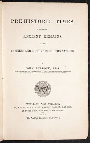 Title page, Prehistoric Times, by John Lubbock, 1st ed., 1865 (Linda Hall Library)