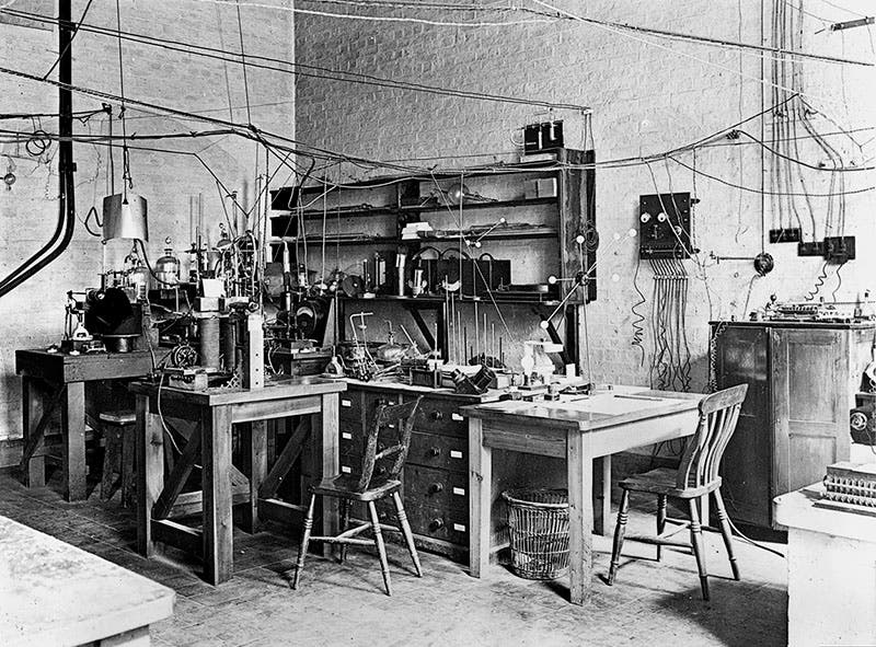 Re-creation of Ernest Rutherford’s lab at the Cavendish Laboratory; the small table holds all the apparatus necessary to do his alpha-particle bombardment experiments, Science Museum, London (Wikimedia commons)