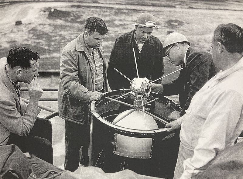 Vanguard 1 being installed on the tip of TV-4, Cape Canaveral, with Roger Easton Sr., second from left, undated photograph in Vanguard I: Proposal, Installation, Launch and Selected Results: Launched March 17, 1958, by Roger Easton and Martin Votaw, Nov. 2006 (Linda Hall Library)