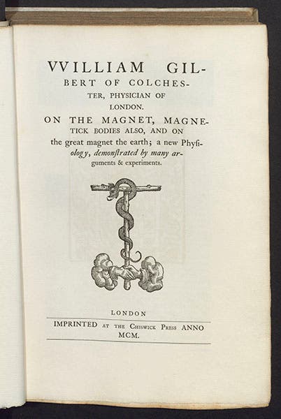 Title page of William Gilbert, On the Magnet, 1900 (Linda Hall Library)