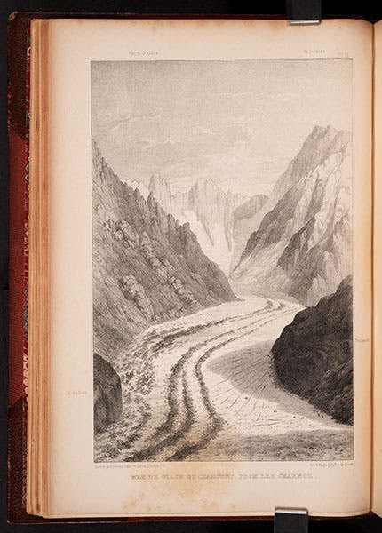 View of the Mer de Glâce descending into Chamonix valley, lithograph of drawing by James David Forbes, in his Travels through the Alps of Savoy, 1843 (Linda Hall Library)