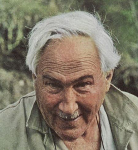 Louis Leakey with pockets full of Pleistocene animal teeth found at Olduvai Gorge, National Geographic, November 1966 issue (Linda Hall Library)