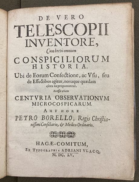 Titlepage of Pierre Borel, De vero telescopii inventore, 1655 [1656] (Linda Hall Library)