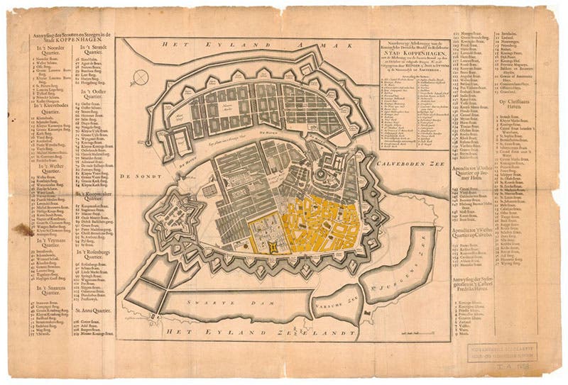 Old map of Copenhagen, with the sector that was consumed in the fire of 1728 highlighted in yellow (Copenhagen city archives)