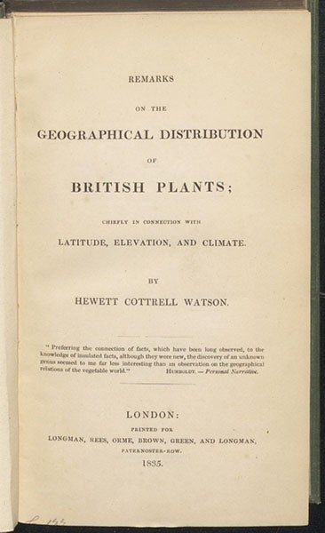 Title page of Remarks on the Geographical Distribution of British plants, by Hewett Cottrell Watson, 1835 (Linda Hall Library)