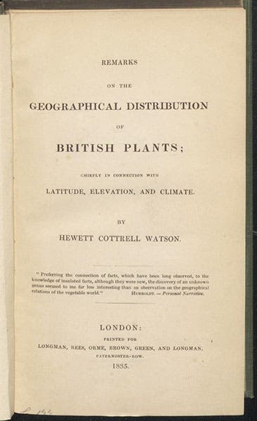 Title page of Remarks on the Geographical Distribution of British plants, by Hewett Cottrell Watson, 1835 (Linda Hall Library)