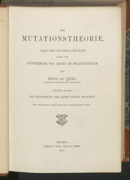 Title page, Die Mutationstheorie, by Hugo de Vries, vol. 1, 1901 (Linda Hall Library)