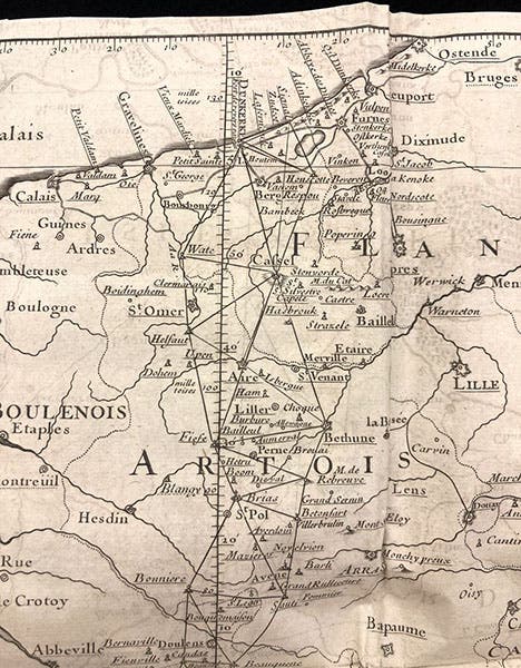 Detail of map in second image, showing triangulations around Dunkirk, De la grandeur et de la figure de la terre, by Jacques Cassini, 1720 (Linda Hall Library)