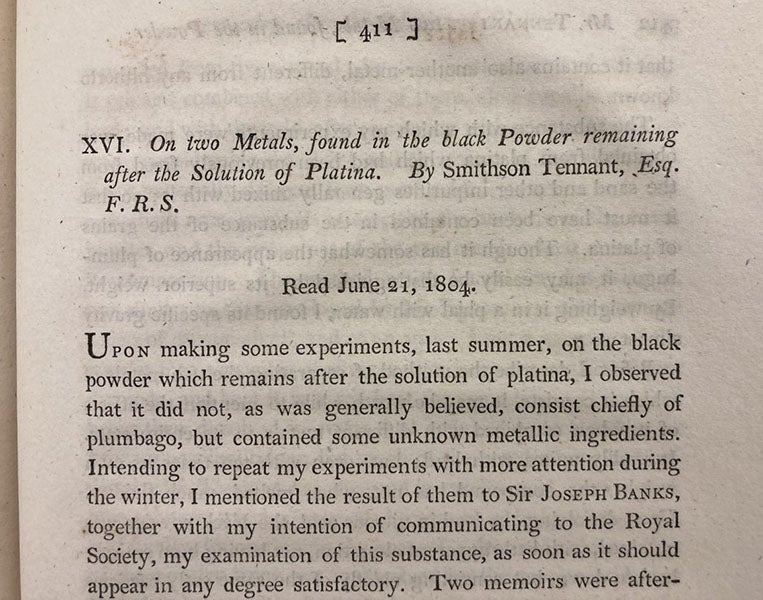 First page of article announcing the discovery of iridium and osmium, by Smithson Tennant, Philosophical Transactions of the Royal Society of London, vol. 94, 1804 (Linda Hall Library)