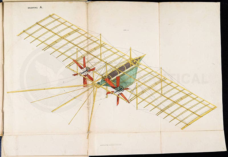 Colored drawing of Ariel with fabric removed to reveal wing struts, drawing A, fig. 1, in Mr. Henson’s Locomotive Apparatus, by William Samuel Henson, 1843, Royal Aeronautical Society (aerosocietyheritage.com)