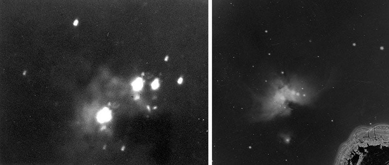 Two photographs of the Great Nebula in Orion, by Henry Draper, 1880 (left), and 1882 (right) (Hastings Historical Society)