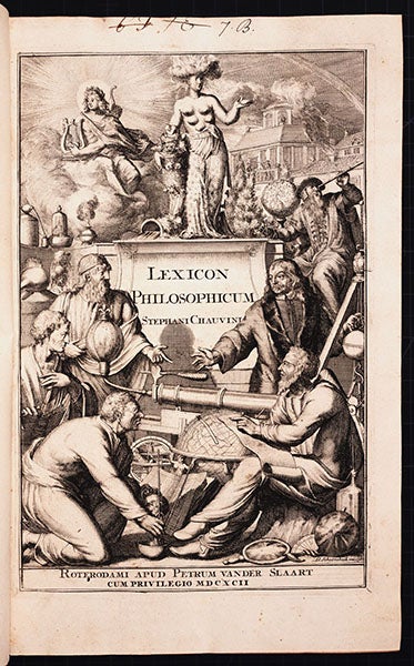Aristotle and Plato at left, and René Descartes at right, none of whom believed in the possibility of a vacuum, contemplating a Musschenbroek horizontal air-pump, engraved title page, Étienne Chauvin, Lexicon rationale, 1692 (Linda Hall Library)