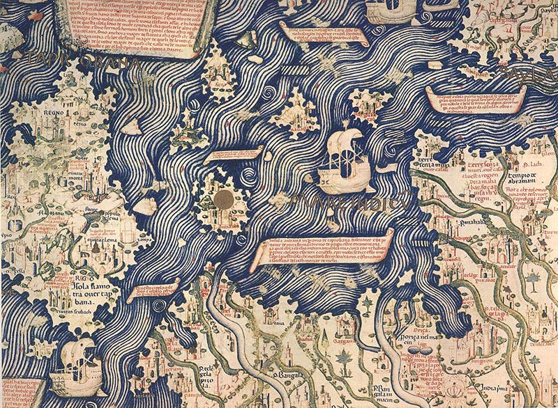 Sector XIV of the Fra Mauro map, showing Taprobana (Sri Lanka) and the Indian Ocean, manuscript on vellum and wood, ca 1460, property of the Biblioteca Nazionale Marciana, Venice; on display in Museo Correr, Piazza San Marco, Venice (Wikimedia commons)