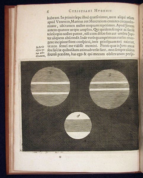 The belts of Jupiter (top) and a possible belt on Mars (bottom), engraving, Christiaan Huygens, Systema saturnium, 1659 (Linda Hall Library)