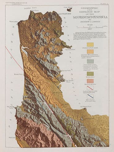 Map of San Francisco peninsula, showing Lake San Andreas and the fault that runs through it that Andrew Lawson discovered; the fault is marked by a red line, <i>Lawson Report</i>, 1908 (Linda Hall Library)
