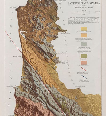 Map of San Francisco peninsula, showing Lake San Andreas and the fault that runs through it that Andrew Lawson discovered; the fault is marked by a red line, <i>Lawson Report</i>, 1908 (Linda Hall Library)