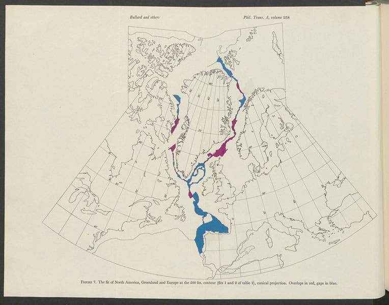 North America, Greenland, and Europe joined at 500-fathom depth, computer-generated map programmed by Alan Smith and Jim Everett, in Philosophical Transactions of the Royal Society of London, vol. 258A, 1965 (Linda Hall Library)