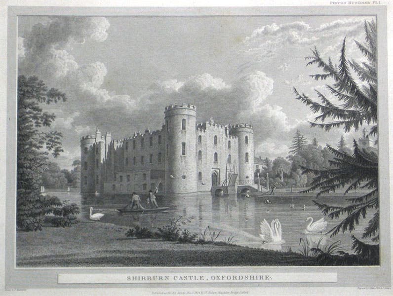 Shirburn Castle, the Macclesfield family estate where their library was housed, southeast of Oxford, engrqaving, 1824 (sandersofoxfsord.com)