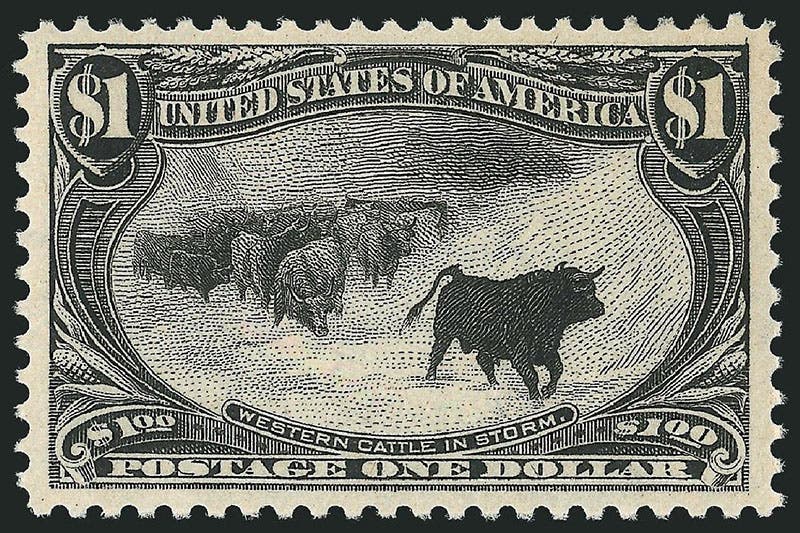 $1 black “Western Cattle in Storm,” U.S. postage stamp, Trans-Mississippi Exposition issue, 1898, designed by Raymond O. Smith (usphila.com)