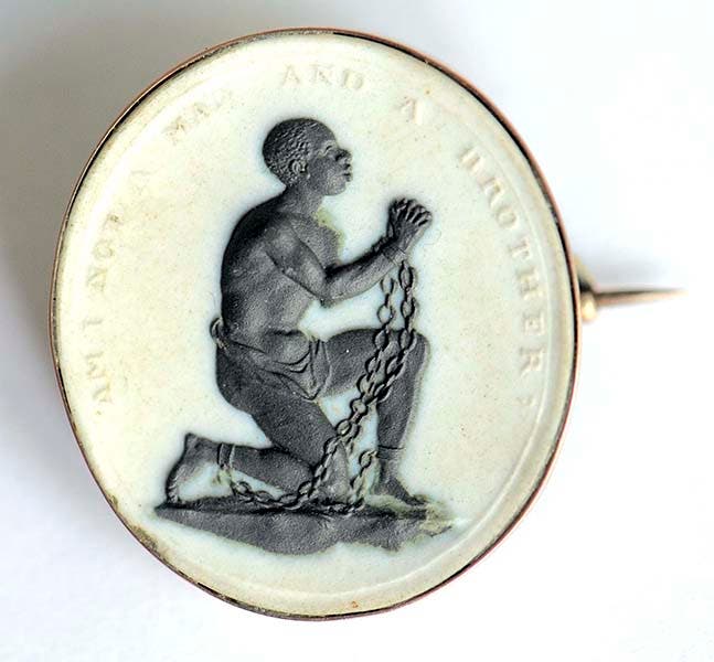 Anti-slavery medallion brooch, “Am I Not a Man and a Brother?”, fashioned and distributed by Josiah Wedgwood, after 1786 (Scarborough Museum via museumcrush.org)