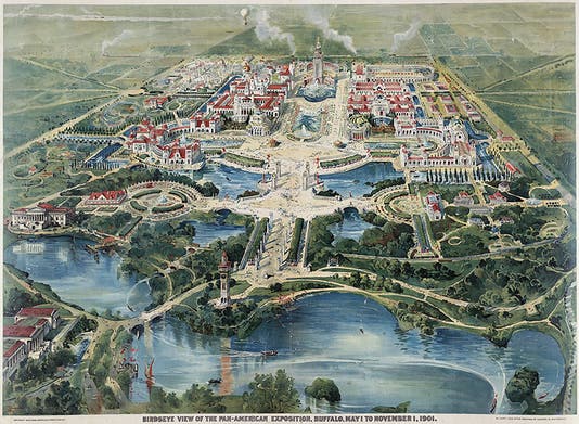 Poster with bird’s-eye view of the Pan-American Exposition, Buffalo, with the Electric Tower at rear center, 1901, Library of Congress (Wikimedian commons). 