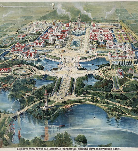 Poster with bird’s-eye view of the Pan-American Exposition, Buffalo, with the Electric Tower at rear center, 1901, Library of Congress (Wikimedian commons).