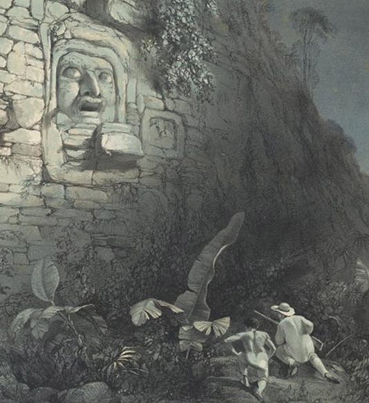 Colossal head at Izamal, detail of lithograph by H. Warren after watercolor by Frederick Catherwood, Views of Ancient Monuments in Central America, Chiapas and Yucatan, plate 25, 1844, Harvard Library (lib.harvard.edu)