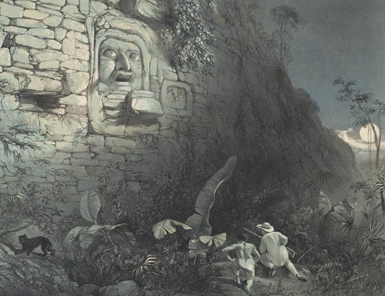 Colossal head at Izamal, detail of lithograph by H. Warren after watercolor by Frederick Catherwood, Views of Ancient Monuments in Central America, Chiapas and Yucatan, plate 25, 1844, Harvard Library (lib.harvard.edu)