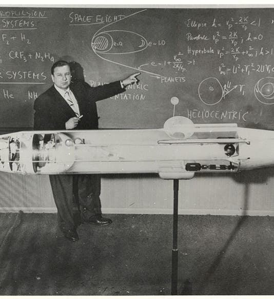 Krafft Ehricke lecturing with a rocket section, photograph, 1950s, National Air and Space Museum archives, Smithsonian Institution (airandspace.si.edu)
