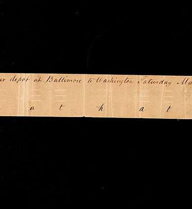 : A section of the original paper tape recording the telegraph message of May 24, 1844, “What hath God wrought?”, now in the National Museum of American History, Washington, D.C. (americanhistory.si.edu)
