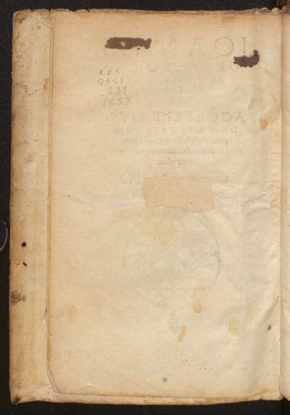 Verso of title page, Libellus de Sphaera, by Joannes de Sacrobosco et al., 1553, with paper scrap pasted over the hole left by burning out Melanchthon’s name, (Linda Hall Library
