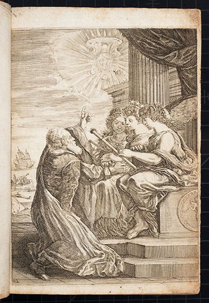 Frontispiece, etching by Stefano della Bella, Galileo Galilei, Opere, 1656 (Linda Hall Library)
