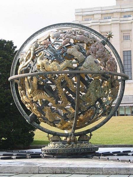 Woodrow Wilson Celestial Globe, sculpture by Paul Manship, Palace of Nations, Geneva, 1939 (Wikimedia commons)