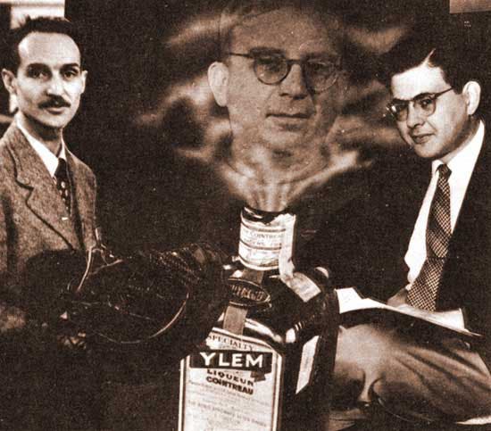 Gag photo concocted by George Gamow, showing Ralph Alpher (right), Robert Herman (left), with Gamow emerging from a Cointreau bottle that has been relabeled “Ylem,” their name for the primordial stuff of the universe (history.aip.org)