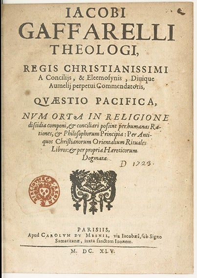 Title page of Questio pacifica, by Jacques Gaffarel, 1645 (BnF Gallica)