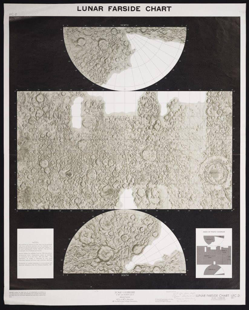 A section of the first edition of a lunar farside chart published by NASA in 1967. It was assembled from photographs from first four Lunar Orbiter missions and images from the Soviet Union’s Luna 3 mission. Lunar Orbiter 5 completed mapping the missing sections. Image source: United States Air Force Aeronautical Chart and Information Center. Lunar Farside Chart. NASA, 1967.