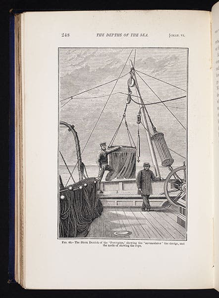 The stern deck of HMS Porcupine, with dredge, coiled rope, and accumulator, from Thomson, Depths of the Sea, 1873 (Linda Hall Library)