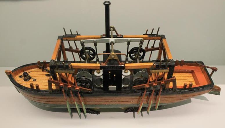 Model of John Fitch’s steamboat, Perseverance, 1787, in the Technikmuseum, Berlin (Wikimedia commons)