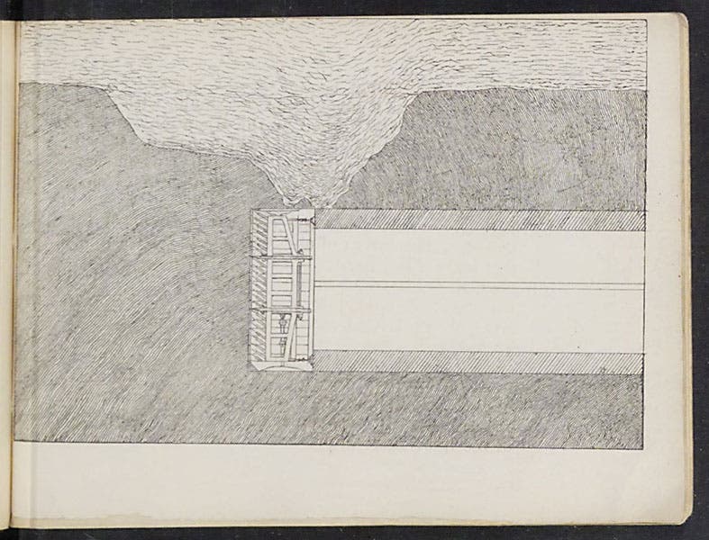 Section showing the leak of May 18, 1827, where water poured through the shield and flooded the tunnel, Sketches of the Works for the Tunnel under the Thames, from Rotherhithe to Wapping, 1828 (Linda Hall Library)